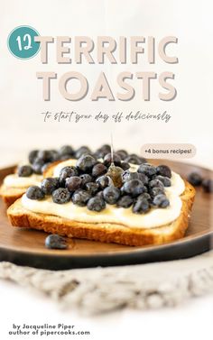 two pieces of toast with blueberries on it and the title overlay reads, 13 terriic toasts to start your day off dishing