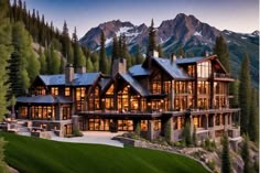 Luxury mountain lodge illuminated at dusk, surrounded by pine trees with snow-capped peaks in the background. Forest House Plans, Modern House In Woods, Cool House Features, Modern Mountain Home Exterior, Modern Forest House, House In Woods, Chalet Style Homes, Big Cabin, Log Homes Exterior