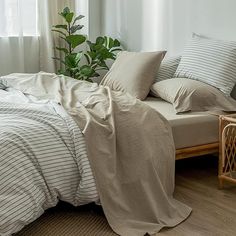 an unmade bed with white sheets and pillows in a bedroom next to a potted plant