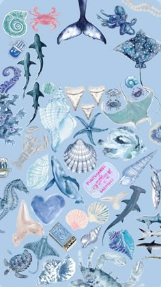 an ocean scene with many different types of animals and sea creatures in blue tones, including dolphins