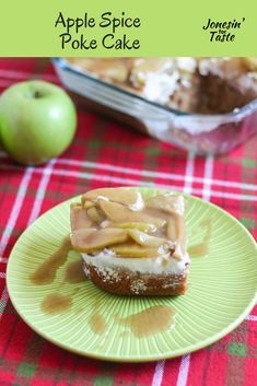 an apple spice poke cake on a green plate