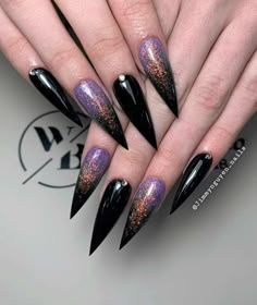 Goth Gel Nails Short, Gothic Coffin Nail Ideas, Halloween Stilleto Nails Long, Nails Acrylic Prom, Sparkly Stiletto Nails, Dark Fantasy Nails, Gothic Fall Nails, Hecate Nails, Stilleto Nails Witchy