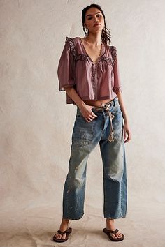 The perfect cool & contemporary addition to any denim drawer from our We The Free collection. **Fit:** Low-slung, slouchy fit with tapered silhouette **Features:** Distressed detailing throughout, paint splatter features, oversized patch pockets, contrast drawstring waist, pull-on style **Why We | We The Free Moxie Pull-On Barrel Jeans at Free People in Light Wash, Size: 28 Free People Barrel Jeans, Crazy Jeans, Night Hawk, Barrel Jeans, All Jeans, Future Outfit, Blue Fits, Paint Splatter, Bottom Clothes