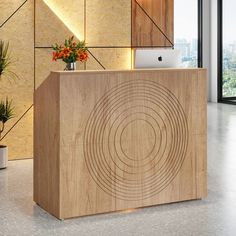 the front desk of an office with wood panels on the wall and plants in vases