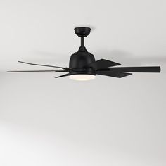 a black ceiling fan with three blades and two light bulbs on the top of it