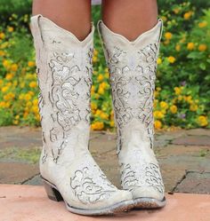 Women Rhinestone Hollow Flower High Boots - White / 34 - Mode Country, Classic Black Boots, Rhinestone Boots, Country Shoes, White Cowboy Boots, Wedding Boots, Western Boots Women, Square Toe Heels, Military Boots