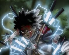 an anime character holding two swords in his hand and lightning behind him, with one arm outstretched