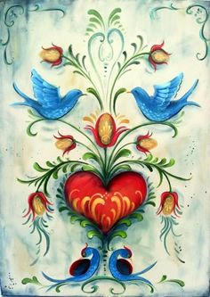 a painting of two birds and a heart