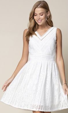 White lace sleeveless fit and flare dress w/ side zipper 100% polyester hand wash or dry clean African Prom Dresses, Versatile Dresses, Fit And Flare Dress, Flare Dress, Graduation Dress, Fit And Flare, White Lace, Side Zipper, White Dress