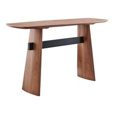 a wooden table with black metal legs and an oval shaped design on the top, against a white background