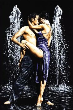 a painting of two people standing in front of a fountain with water pouring from it