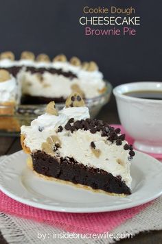 a slice of cookie dough cheesecake brownie pie on a plate