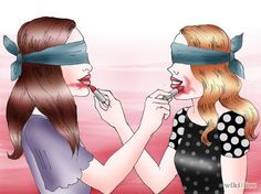 two women with blindfolds on their heads are looking at each other while brushing their teeth