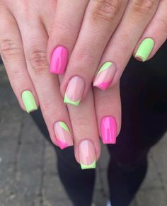 Neon Manicure Ideas, Pink And Green Nails Simple, Pink And Green Nails Design Color Combos, Pink And Green Nails Short, Pink And Green Gel Nails, Bright Green And Pink Nails, Green Nail Art, Tree Nails