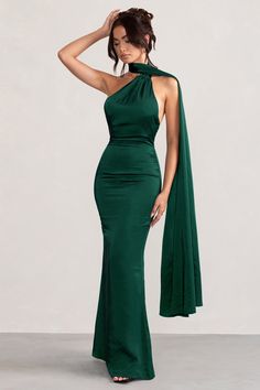 Mademoiselle Bottle Green Satin Asymmetric Scarf Neck Backless Maxi – Club L London - USA Formal Dark Green Dress, Open Back Green Dress, Emerald Green Dress For Wedding, Green Pre-draped Maxi Dress, Green Draped Maxi Dress For Formal Occasions, Green Backless Maxi Dress For Evening, Green Draped Evening Maxi Dress, Elegant Backless Green Evening Dress, Elegant Green Backless Evening Dress