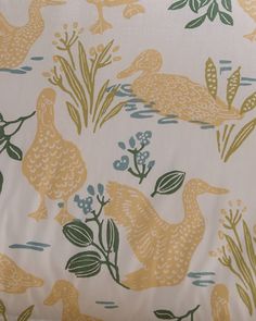 ducks and plants on a white background with green leaves, blue berries, and yellow flowers