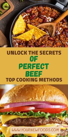 two pictures with the words, unlock the secrets of perfect beef cooking method and an image of