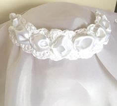 white headband satin trim hairband hand crochet, Boho headband white Crochet headband with White satin Ribbon Boho summer music festival white headband  girls women hair accessory Hand crochet white headband with white satin ribbon  hand Crochet wedding Party Hairband music festival headband White hairband Satin ribbon crochet in white cotton 21"  (54cm) approx.  2 inches Deep  handmade white elastic back Handmade Bespoke White Hairband, Crochet Hair Band, Ribbon Crochet, Summer Music Festival, Bandeau Au Crochet, Bridesmaid Headband, Festival Headband, Headband White, Summer Music Festivals