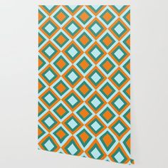 an orange and blue pattern with squares on it wallpaper mural decal by wallstickers