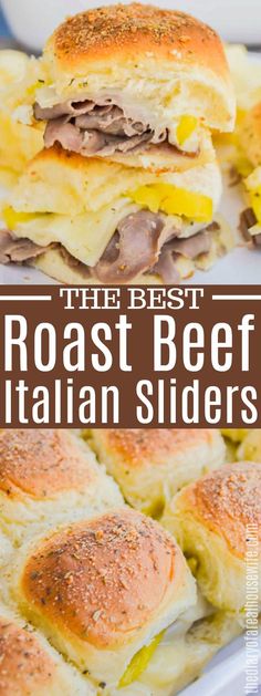 roast beef and italian sliders on a white platter with text overlay that reads roast beef and italian sliders