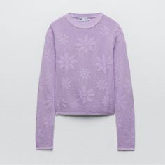 Nwt M Women’s Floral Pointelle Knit Sweater Lilac 1822/118 A6 Spring Jacquard Knit Crew Neck Top, Spring Purple Textured Knit Sweater, Zara Textured Knit Top For Spring, Spring Jacquard Knit Tops, Zara Winter Knit Top, Spring Zara Knit Sweater, Zara Knit Sweater For Spring, Purple Knit Top For Spring, Casual Jacquard Knit Top For Spring