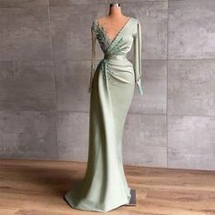 Biztunnel. | Dresses | Mermaid Vneck Satin Gown With Long Sleeves | Poshmark Long Sleeve Mermaid Prom Dress, Green Evening Dress, Soiree Dress, Custom Prom Dress, Evening Dresses With Sleeves, Long Sleeve Evening Dresses, Dresses Classy, فستان سهرة, Mermaid Evening Dresses