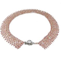 *Description: Beautiful hand made beaded collar necklace in shades of pink Czech glass beads; iridescent and darker pink. Teardrop shaped light pink iridescent beads are woven into the design as a drop bead. Silver tone decorative toggle clasp. Beautiful! This would be a great addition to your vintage jewelry collection or make a great vintage gift! *Approximate Measurements: Length - 17 Inches, Width - 1 Inch, Weight - 1.2 Ounces *Condition: Great vintage condition. May see signs of wear under Pink Beaded Crystal Jewelry, Pink Necklaces With Bead Caps For Gifts, Pink Beaded Necklaces With Round Beads And Bead Caps, Pink Crystal Beaded Necklace For Jewelry Making, Pink Crystal Beaded Necklaces For Jewelry Making, Pink Beaded Necklace For Party, Pink Beaded Crystal Necklaces With Round Beads, Pink Pearl Beaded Necklaces For Parties, Pink Crystal Beaded Necklaces For Party