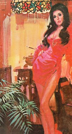 a painting of a woman in a pink dress standing next to a potted plant