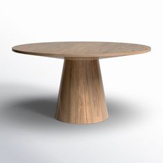 a round wooden table sitting on top of a white floor