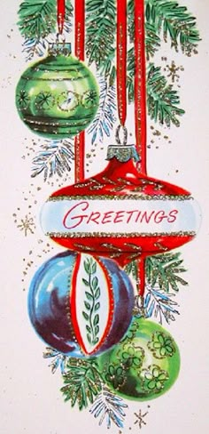 a christmas card with ornaments hanging from it's sides