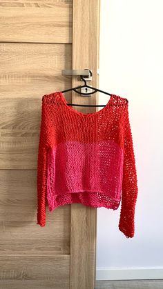 Fishnet Loose Top Pink and Red Beach Cotton Top Sloppy Knit | Etsy Poland Cotton Knit Top With Long Sleeves For Summer, Trendy Red Sweater For Spring, Long Sleeve Knit Tops For Beach, Red Cotton Tops For Layering, Pink Knitted Cotton Sweater, Pink Knit Sweater For Vacation, Red Knit Top For Summer, Trendy Red Cotton Sweater, Pink Cotton Knitted Sweater