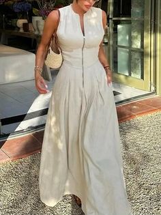 Street Dress, Dress Women Elegant, Solid Color Dress, Linen Maxi Dress, Patchwork Dress, Dress Zipper, Types Of Dresses, Mode Inspiration, Sleeveless Maxi Dress