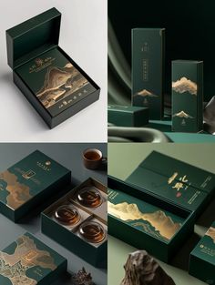 the packaging design is designed to look like it has gold foil and green paper on top