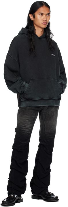 French terry and cotton jersey hoodie. Fading and raw edges throughout. · Paneled construction · Logo embroidered at chest · Kangaroo pocket · Rib knit hem and cuffs · Dropped shoulders · Cutout and rib knit trim at back collar · Graphic printed at back · Logo embroidered at back hem Supplier color: Black Acid Wash Distressed Hooded Sweatshirt, Distressed Washed Black Hoodie For Winter, Urban Distressed Washed Black Hoodie, Distressed Washed Black Winter Hoodie, Winter Distressed Washed Black Hoodie, Streetwear Washed Black Hoodie With Ribbed Cuffs, Washed Black Hoodie With Ribbed Cuffs For Streetwear, Distressed Washed Black Hoodie Relaxed Fit, Washed Black Distressed Hoodie Relaxed Fit