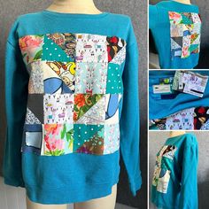 A Thrifted Crewneck Sweater, In Turquoise, Size Medium. Custom Made Quilt Square On The Center Front Of Jumper. Various Fun Fabrics, And One Featuring Cute Bunnies And Another With Llamas! Stand Out In Style, In A Sustainable And Unique Way! Measurements In Photos: Total Length 22 Inches, Pit To Pit 22 Inches. Thrifted Crewneck, Quilted Clothes, Fun Fabrics, Quilt Square, Winter Sweatshirt, Recycle Clothes, Square Quilt, Upcycle Clothes, Crewneck Sweater