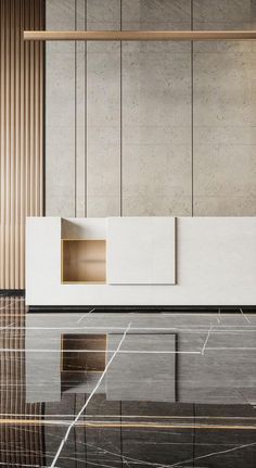 an empty room with marble flooring and white cabinets on the wall, along with wooden slats