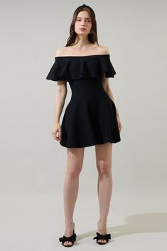 Get that cute feeling every time you wear the Dennet Off the Shoulder Flare Mini Dress. Thick stretchy fabric shapes this mini dress with a flare. An off the shoulder look and mini length are perfect to pair with heels for a night out. - Off the shoulder- Ruffle- Flare- Mini- Comes in 2 colorsSize + Fit - Model is 5'10" and wearing size XS- Measurements taken from size S - Chest: 14 1/4"- Length: 26 1/4" Fabric Self: 70% Viscose 30% Polyester Style Number STD14441 Chic Fitted A-line Off Shoulder Dress, Stretch A-line Mini Dress For Date Night, Stretch Mini Hem Dress For Date Night, Date Night Stretch Mini Dress, Fitted Mini Off-shoulder Dress For Date Night, Fitted Off Shoulder Mini Dress For Date Night, Stretch Off Shoulder Mini Dress For Summer, Stretch Off-shoulder Evening Mini Dress, Cocktail Mini Stretch Off Shoulder Dress