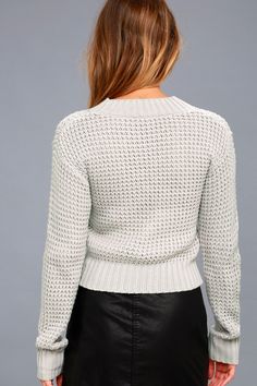 Grab the marshmallows for roasting and get comfy in the Lulus Campfire Cozy Light Grey Cropped Sweater! This medium-weight knit top has a round neckline, long sleeves, and a wide-cut, slightly cropped bodice. Ribbed detailing on cuffs, neckline, and hem. Fit: This garment fits true to size. Length:  Size small measures 21" from shoulder to hem. Bust: Great for any cup size. Waist: Loosely Fitted. Undergarments: May be worn with any standard bra. Fabric: Fabric is very stretchy. Unlined. 100% Acr Textured Knit Cropped Sweater For Layering, Layering Textured Knit Cropped Sweater, Cozy Cropped Crew Neck Sweater For Layering, Cozy Textured Knit Cropped Sweater With Crew Neck, Cozy Textured Knit Cropped Sweater, Cozy Textured Knit Crew Neck Cropped Sweater, Textured Knit Long Sleeve Cropped Sweater For Layering, Long Sleeve Textured Knit Cropped Sweater For Layering, Cozy Cable Knit Cropped Sweater With Crew Neck