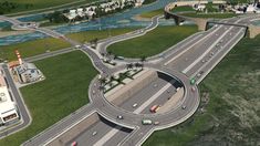 an artist's rendering of a highway intersection in the middle of a city with cars driving on it