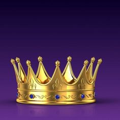 a golden crown with blue jewels on it's sides against a purple and violet background