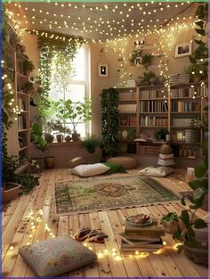 a living room filled with lots of plants and lights hanging from the ceiling above it