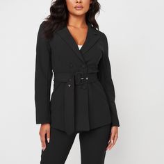 Guess Black Blazer With Belt. Super Cute And Flattering Trendy Black Formal Blazer, Tailored Black Belted Blazer, Fitted Black Belted Blazer, Black Fitted Belted Blazer, Tailored Double-breasted Outerwear For Night Out, Black Double-breasted Outerwear For Office, Trendy Black Blazer For Workwear, Trendy Black Blazer For Work, Fitted Black Outerwear For Office