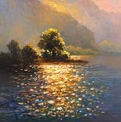 an oil painting of a lake with trees on the shore and sun reflecting in the water