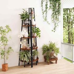 an indoor plant stand with potted plants on it