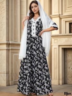 Bjux - Elegant Womens Allover Print V-neck Kaftan Dress with Contrasting Trim, featuring Long Sleeves and Maxi Length - Perfect Addition to Your Wardrobe V-neck Floral Print Dress For Eid, White Printed V-neck Kaftan, White Bohemian V-neck Sets, Elegant V-neck Beach Set, Elegant V-neck Printed Sets, Printed V-neck Dress For Eid, White V-neck Kaftan With Floral Print, White Floral Print V-neck Kaftan, Floral Print V-neck Dress For Eid