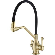 a brass faucet with black hose attached to the handle and side sprayer