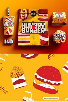 an advertisement for a burger and fries on the side of a yellow background with red and white stripes