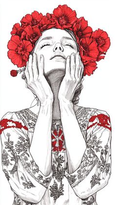 a drawing of a woman with red flowers on her head and hands covering her face