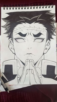 a drawing of an anime character with his hands clasped in front of his face and eyes closed