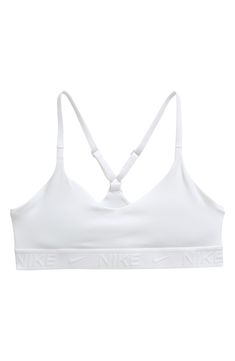 Signature Dri-FIT tech keeps your kiddo dry and comfortable in this cross-back sports bra that gives them light support throughout the day. Adjustable straps Dri-FIT moisture-wicking technology Elastic band Lined, with removable two-piece pads 78% polyester, 22% spandex Machine wash, tumble dry Imported White Bra, White Bras, White White, Nike Dri Fit, Elastic Band, Dri Fit, Moisture Wicking, Adjustable Straps, Sports Bra